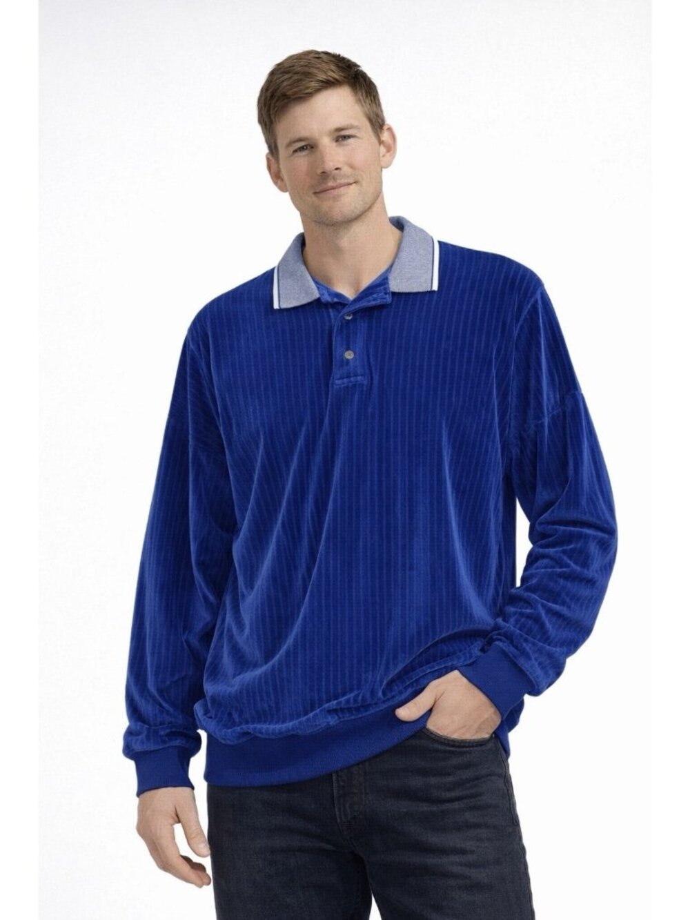 Vintage Blake Hollister Blue Velour Polo Shirt Men M Striped Collar 3-button USA